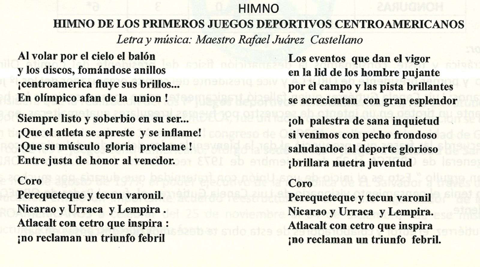 Himno de los primeros juegos deportivos centroamericanos, Letra y música: Maestro Rafael Juárez Castellano