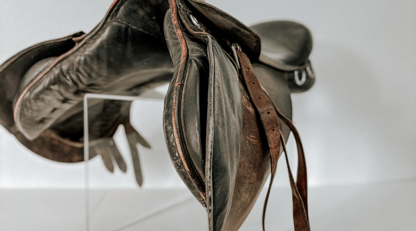 Silla de Montar de Cuero marca START; consta de cincho, estribo y mantilla; utilizada en el Campeonato Mundial de Pentatlon, Guatemala 2006